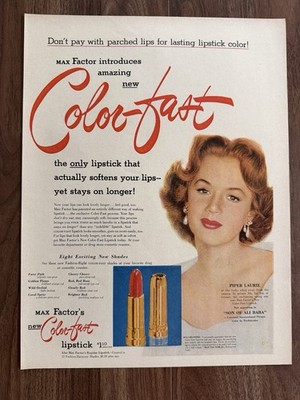 Max Factor Color Fast Lipstick Print Ad 1952 Americana Piper Laurie Red Cosmetic