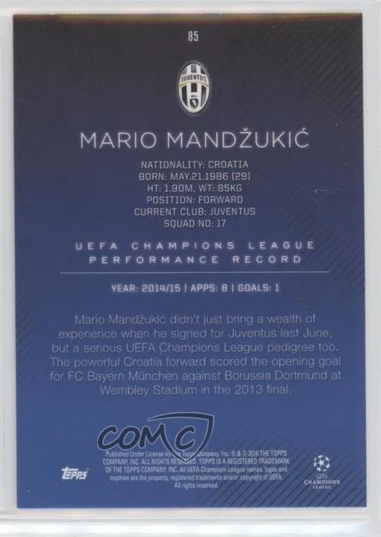 2015-16 Topps UCL Showcase Mario Mandzukic #85 - Image 2 of 2