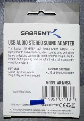 SABRENT USB External Stereo Sound Adapter For Windows & Mac  (NEW) AU-MMSA - Picture 2 of 3