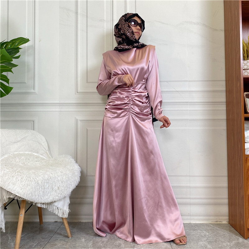 Women Full Cover Long Abaya A Line Satin Muslim Dress Islamic Robe Hat