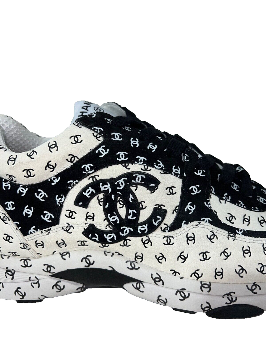 Chanel 22A Mens White Black Suede All Over CC Logo Low Top
