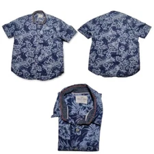 True Grit Linen Hawaiian Shirt Men M Blue Floral Short Sleeve Button Up EUC