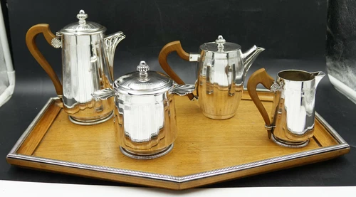 French ART DECO Coffee & Tea Set 950 Sterling Silver Hexagonal Wood Tray ca 1925