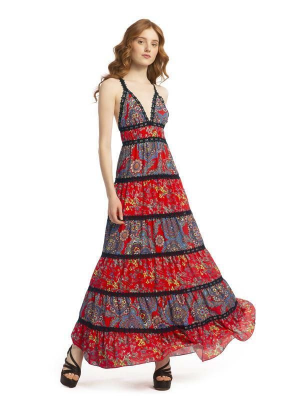 ALICE + OLIVIA Red Floral Black V-Neck Lace KAROLINA Tiered ALICE + OLIVIA Red Floral Black V-Neck Lace KAROLINA Tiered