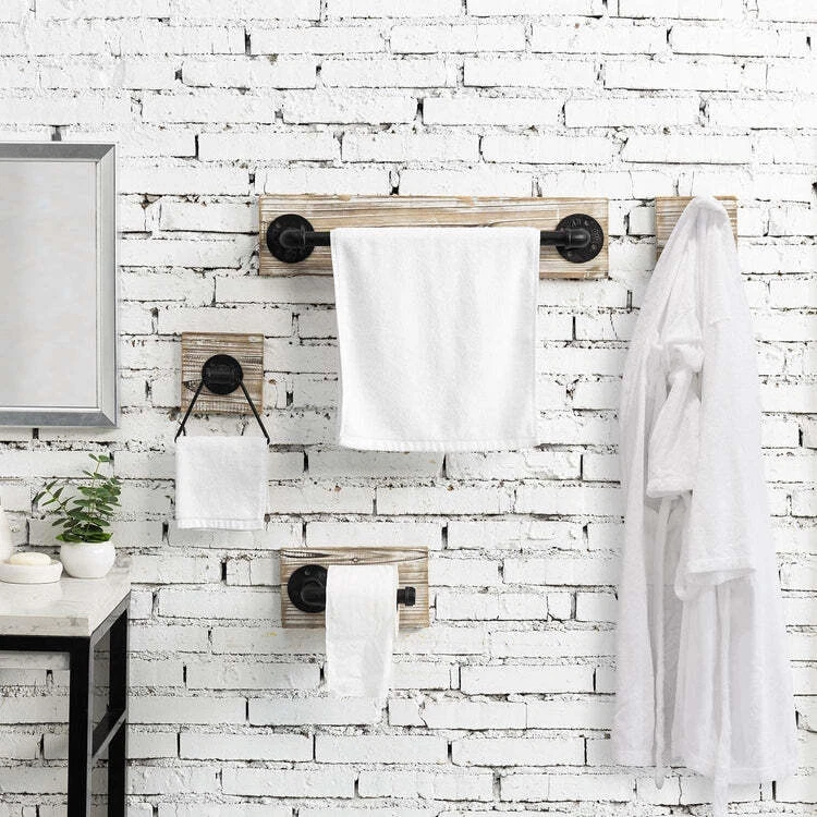 Wood & Metal Wall Mounted Bathroom Towel Rack with 6 Hooks