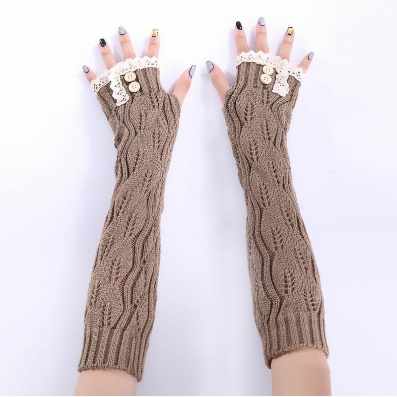 1pair Lace Button Knitted Gloves Fingerless Knit Yarns Glove