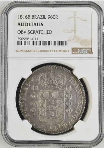 1816 B Brazil 960 Reis NGC AU Scratch