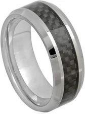 8mm Tungsten Carbide High Polished with Black Carbon Fiber Wedding Band Ring