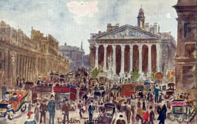 ''London Traffic'' Royal Exchange Vintage Gordon Gill Postkarte #1324 unbesendet