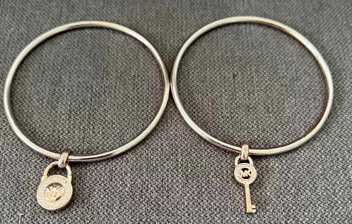 Michael Kors MK Crystal Lock And Key Bangle Bracelets Rose Goldtone Set of 2