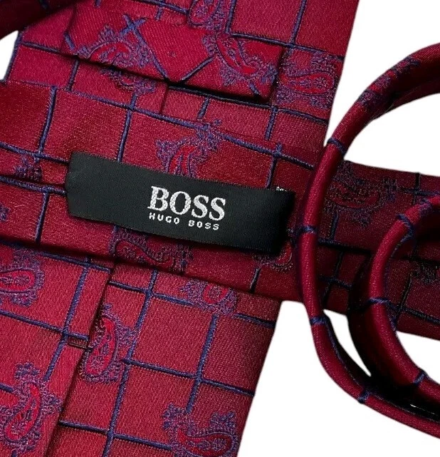 HUGO BOSS 男式丝绸混纺领带豪华勃艮第蓝色佩斯利 W:3.7 英寸二手状况完好 — 第 2/4 张图片