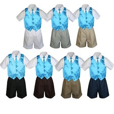 4pc Boy Toddler Formal TURQUOISE Vest Necktie Khaki White Black Shorts sz S-4T