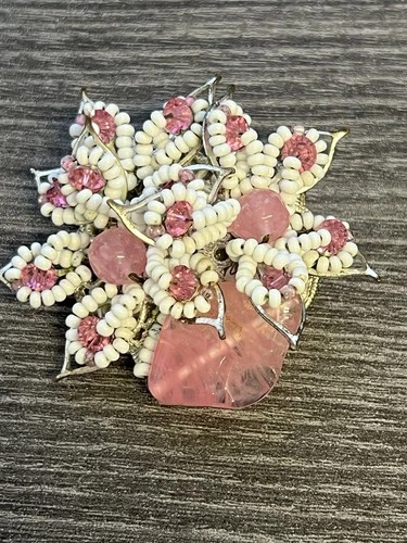 Rare Vintage MIRIAM Haskell Signed Silver Crystal & Glass FLORAL BROOCH