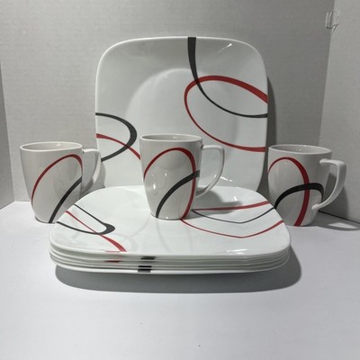 CORELLE Splendor Vitrelle Square 10 1/2  Dinner Plates White Red Gray Mugs 9 set