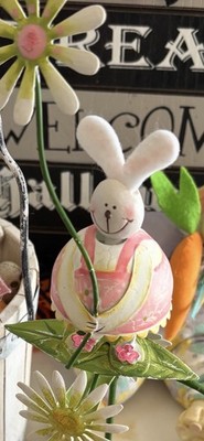 Easter Pink Rabbit Figurine with Flowers Painted Spring Decor