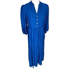 J Jill Tiered Midi Ruffle Dress V Neck Button Front Women’s XS Blue Prairie