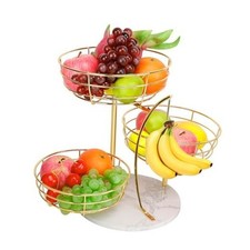 Fruit Basket Bowl with Banana Hanger, Metal Fruit Gold 3-Tier Marble Base