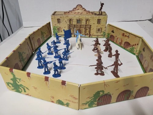 Vintage MARX Toys Tin Litho Alamo Set #4 Davy Crockett & 26 Plastic Army Figures