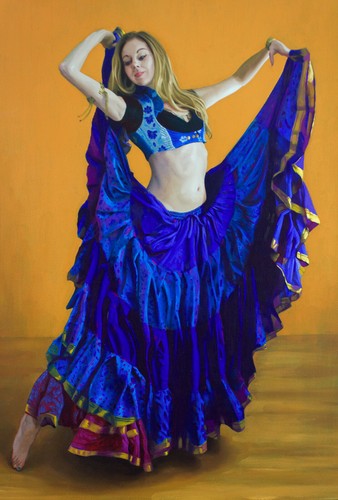 Original Framed Oil Painting Female Girl Blue Belly Dancer Realist costume dance - Picture 2 of 5
