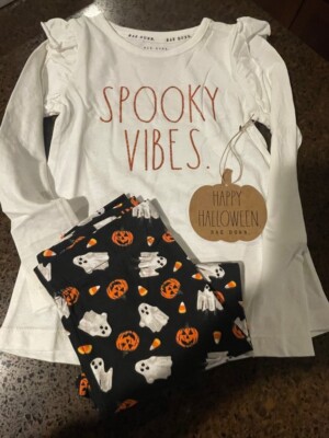 RAE DUNN Pant Set  Spooky Vibes  Girls Size 4 Long Sleeve Ruffle Halloween
