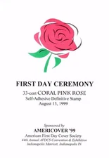 USPS FDC Ceremony Program #3052 Coral Pink Rose AFDCS AMERICOVER  1999