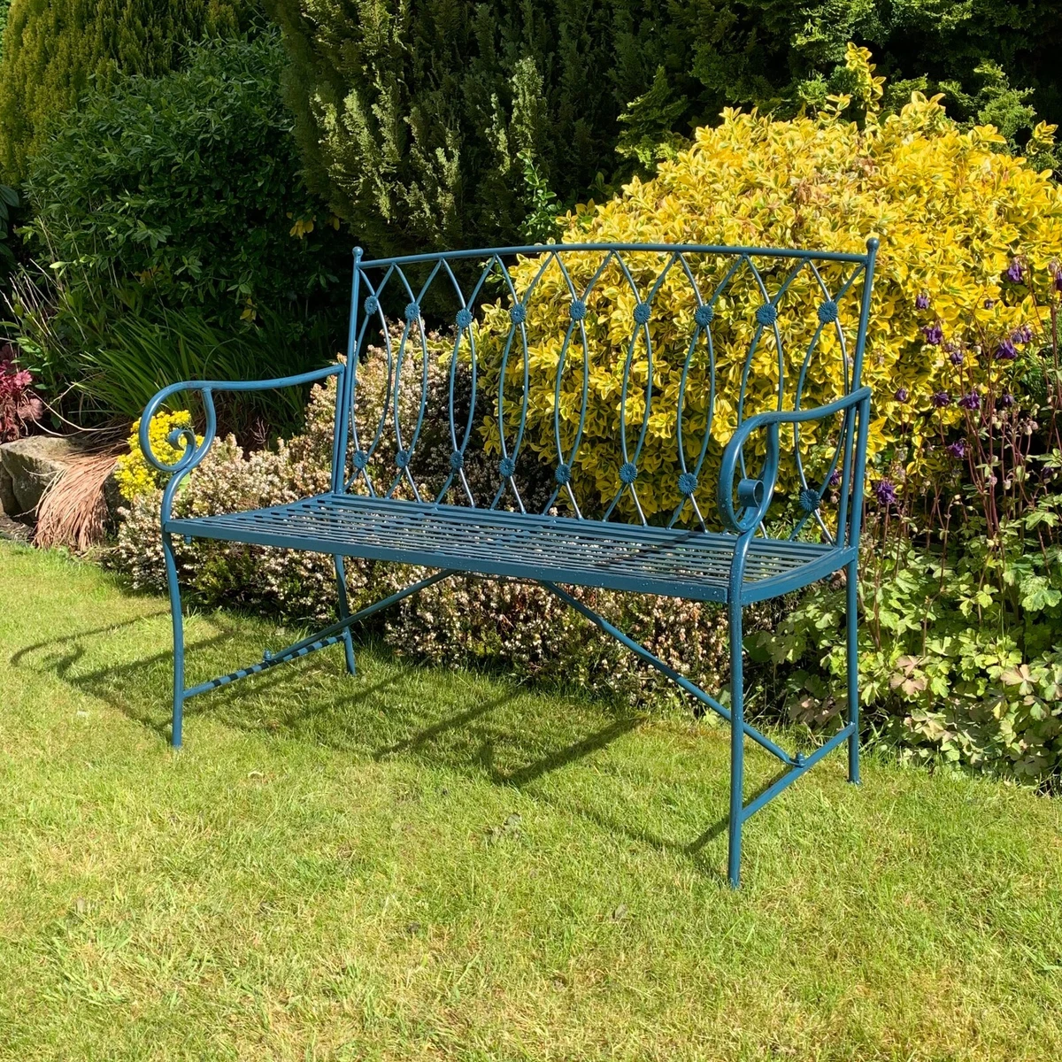 Blue 2 Seater Garden Bench Metal Seat Patio Chair Armrest Outdoor Furniture