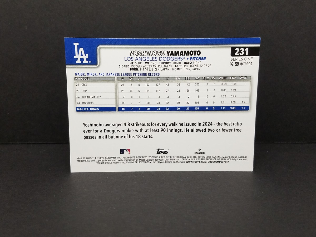2025 Topps Baseball #231 Yoshinobu Yamamoto, Los Angeles Dodgers