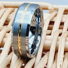 Tungsten Carbide Matte Finished Gold Line Center Wedding Engagement Men's Band