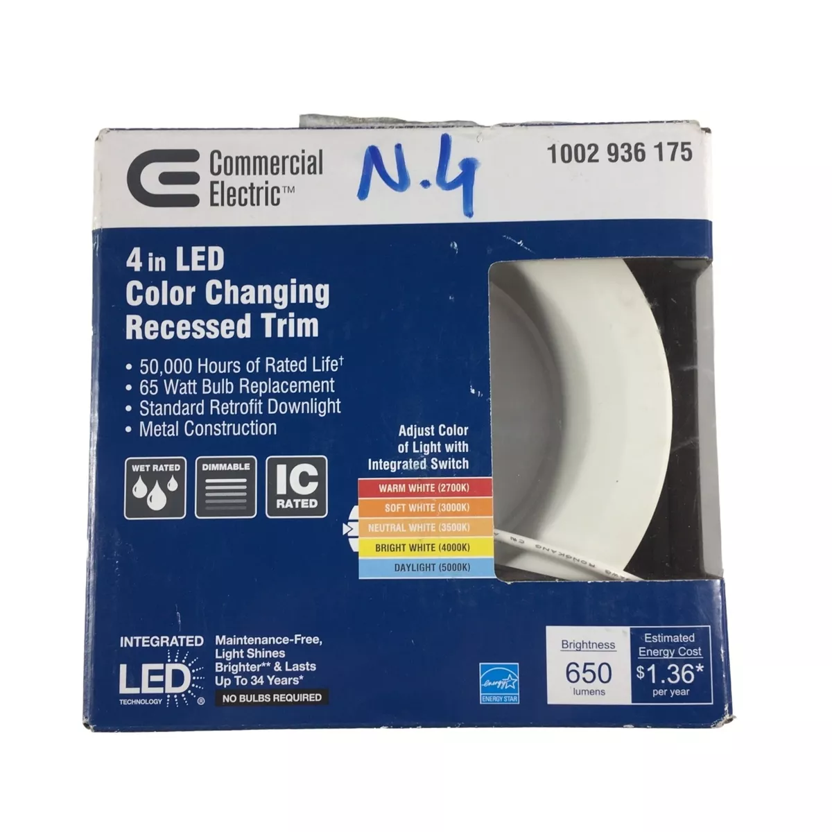 COMMERCIAL ELECTRIC 4 IN LED COLOR CHANGING RECESSED TRIM DIMMABLE