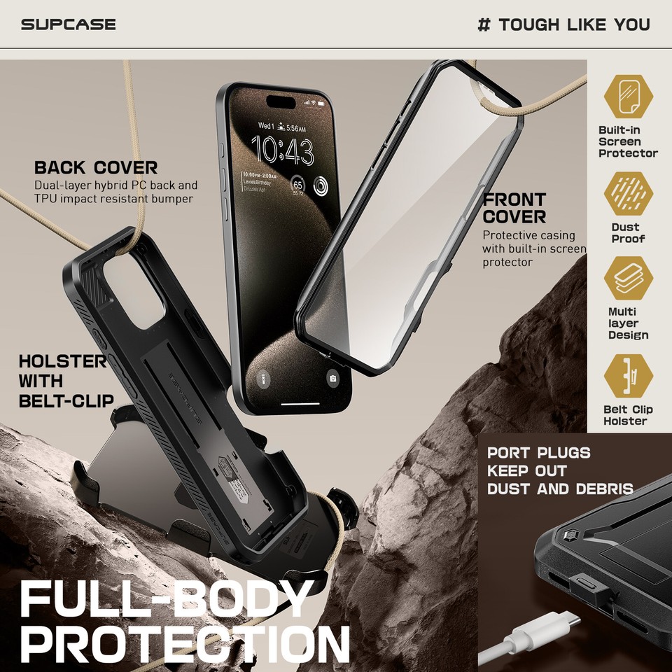 SUPCASE UBPro Mag Cover Per IPhone 16 Pro Max (2024) - Custodia Magnetica Con Supporto, Proteggi Schermo E Clip Da Cintura, Nero