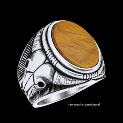 925 Sterling Silver Beautiful Gemstone Tiger Eye Unique Bull Skull Men Ring Gift