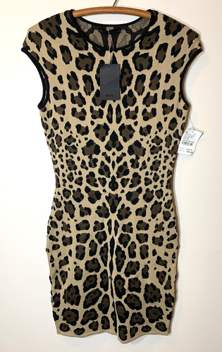 RVN Dress Womens L Jacquard Knit Sheath Mini Leopard Print USA made MSRP $286