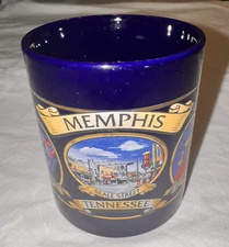 Vintage M Ware China Memphis TN Souvenir Blue Coffee Mug Beale St River Peabody