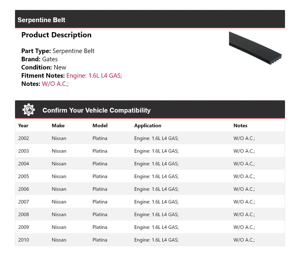 For 2002-2010 Nissan Platina 1.6L L4 GAS Serpentine Belt Gates 2003 2004 2005 - Image 2 of 4