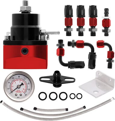#ad Black Red Adjustable Fuel Pressure Regulator Kit Oil 0 100psi Gauge 6AN 6AN $34.55