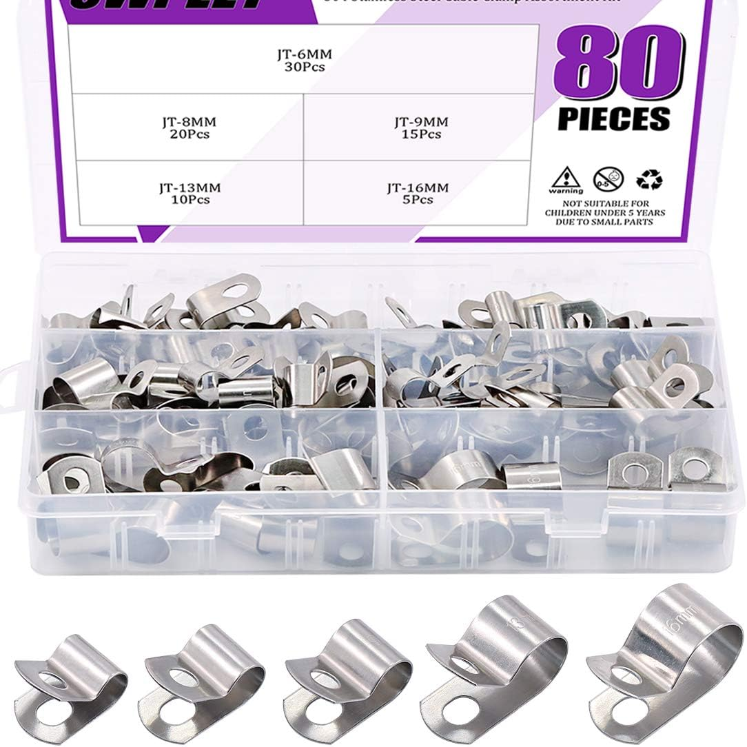 80Pcs 304 Stainless Steel 6Mm-16Mm Vinyl Cable Coated Clamps Assortment Kit, wit