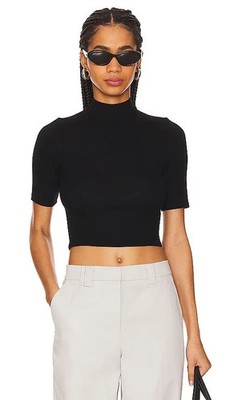 ENZA COSTA Silk Rib Cropped Half Sleeve Mock Neck Top Black S $145 E2 346