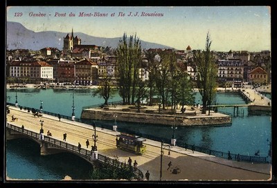Genève, Pont du Mont-Blanc et Ile J. J. Rousseau, Strassenbahn, Ansichtskarte 