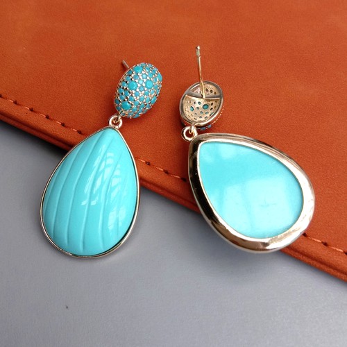Pendientes colgantes lágrima azul turquesa circonita cúbica pavé joyería de diseñador - Imagen 4 de 5