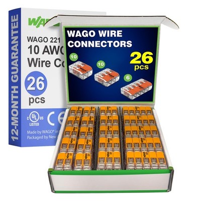 WAGO 221 Series 26pc 10 AWG Compact Splicing Wire Connectors | Includes (10x ...