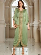 Dubai Women Abaya Muslim Ramadan Kaftan Long Dress Rhinestone Evening Party Gown