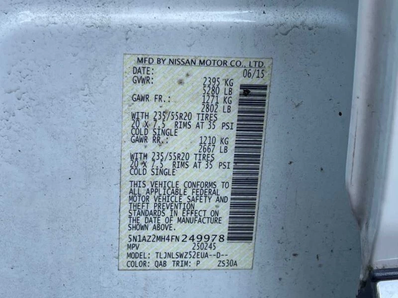 Nissan Murano 2015-2018 basculante izquierdo con poste blanco PC: QAB 42K -SV- 51009 Foto 4 de 4