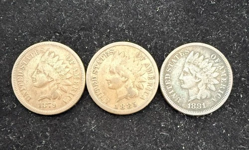 3 - Indian Head Pennies, 1 - 1879, 1 - 1881, 1 - 1885 Circulated VG or Better