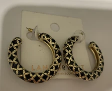 Lane Bryant Large Round Hoop Pierced Earrings Black Gold Designed Jewerly