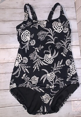Lands End Women Scoop Neck Soft Cup Tugless One Piece Size 12 Black White Floral