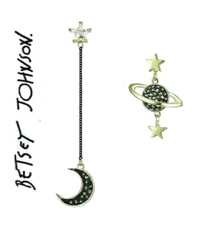 US Seller Betsey Johnson Star Moon Planet Earrings Pearl Multi-color Dangle