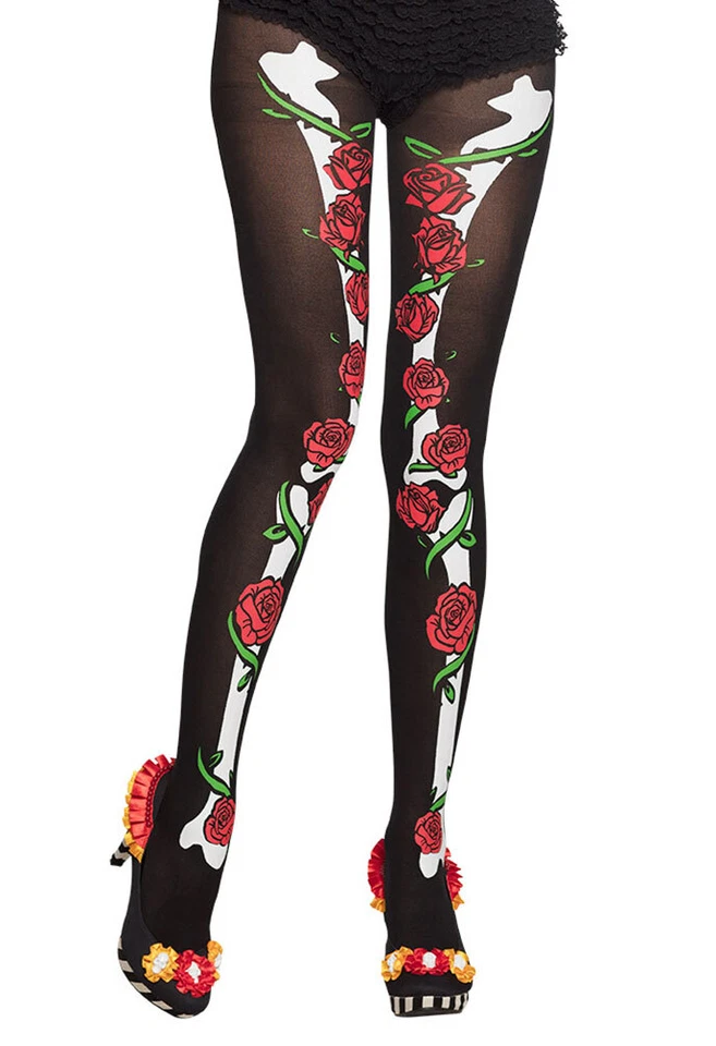 70003-BOLAND Medias La Catrina Mujer Día de Muertos Rosas 40 den XL Halloween KK