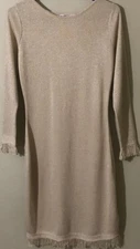 Nanette Lepore Stretch Long Sleeve Knit Dress Frayed Lurex Beige/Gold Sz S New