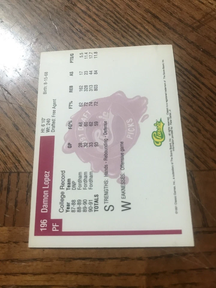 1991 Classic Draft Picks - #196 Damon Lopez (RC) - Image 2 of 2