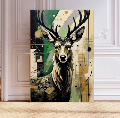 XL LEINWAND BILDER BIS 155x100x5 HIRSCH SCHWARZ-GRÜN-BEIGE MODERN TIERE WANDBILD